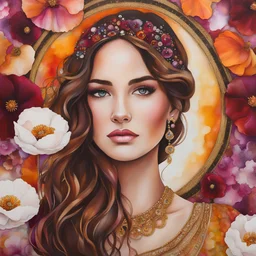 Alcohol ink art. Vibrant, fantasy, delicate, ethereal. A young woman, very long wild wavy, maroon brown hair, bright orange and white poppies and magenta flowers woven through hair, very long eyelashes. Head thrown back. Faberge gold and gems details. Background ink drip.