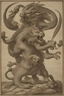 A three-headed dragon with the head of a lion, the head of a man, and the head of a bull