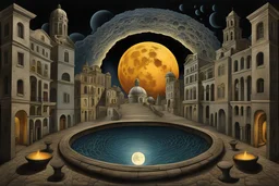 midnight in surreal old city with one big full moon, shadows on walls, strange buildings, sinister by Greg Rutkowski surrealism Salvador Dali matte background melting oil on canvas sinister by Greg Rutkowski surrealism Salvador Dali matte background melting oil on canvas abstract vector fractal, wave-circle function, Zentangle, 3d shading