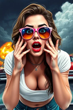 an young woman leaning forward(cropped tightly from between nose and stomach, white top with wide neck opening, cleavage, hands at face with surprised expression, home alone scream, wavy hair, large cheep colorful sunglasses, gloss lips), nuclear explosion and classic Cars in background, greaser, digital painted illustration