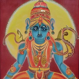 indian god painting with octopus body with detailed jewelry holding a cow