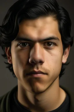 Portrait of a a young man with olive skin and black hair combed back,