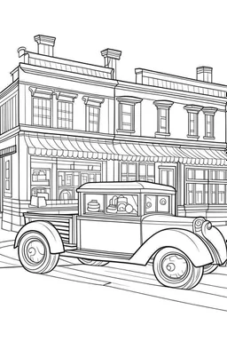 Outline art for coloring page OF A 1943 PULL TOY IN THE UNITED STATES IN FRONT OF A STORE, coloring page, white background, Sketch style, only use outline, clean line art, white background, no shadows, no shading, no color, clear