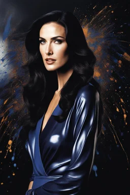 real life - professional 35mm photograph, Pitch black background - multicolor splatter painting - 30-year-old Lynda Carter/Gal Gadot/Megan Gale/Demi Moore/Jennifer Connelly, who resembles Spock, with long, straight black hair, deep cobalt blue eyes, wearing a long-sleeved, blue, slit, mini dress with a plunging neckline and a star trek upside down V-shaped communicator badge on the left side of the chest -4k, 8k, 16k, 32k, 1080p, UHD, hyper realistic, photorealistic, lifelike, realistic,
