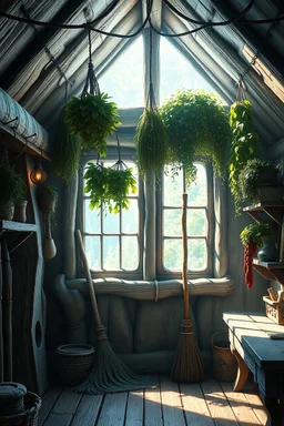 fantasy a style Final Fantasy, photorealistic image of an light interior of a spacious witch's house, bunches of herbs hanging, a broom at the window