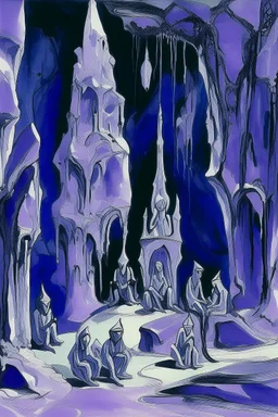 A purple crystal caverns with imps painted by Pablo Picasso