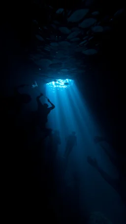 Underwater scene: the dark depths of the ocean, among which the silhouettes of creatures personifying fears are visible. The light barely penetrates from above, creating sharp contrasts.