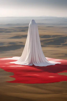 Giant massive huge in stature, majestic entity, hovering and floating over a large field landscape. the entity wears a white and red draped fabric that has printed on the material resembling stars. the fabric has also technological elements. you can see how big it is compared to a tiny human standing in front of it