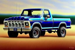 a true-to-life 1978 ford f-150 truck, centered, intricate, extreme detailed, photorealism, center view, farm background, pivot on ford, pen and color marker, painting by cheryl kelley