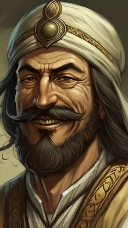 A Muslim man from the era of the Prophet’s companions, tall, strong in build, with a cheerful face. He had long black hair, black eyes, and a thick mustache.