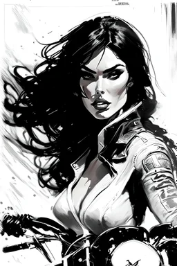 a drawing of a woman on a motorcycle, inspired by Raymond Swanland, gothic art, alexi zaitsev, as a panel of a marvel comic, yennefer, with a white, oil painted, dio brando, leathery, still of megan fox, proud serious expression, artwork in the style of guweiz, white paint, dark sienna and white