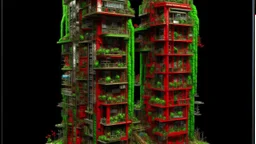 Organismo vertical que asciende mediante desplazamientos laterales, generando vacíos estructurales, pasarelas visibles y una fachada saturada de micro‑ritmos, con acentos rojos y verdes que irrumpen la masa mineral.