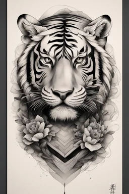 Create a captivating modern 2d ink tattoo design for print , prestigious Divine Tiger using the elegant influences of japan art style, for print, dynamic elements from fashion and design, and bold Japanese contemporary art aesthetics, framing centered in the center, distanced from the edges of the paper perimeter, perfect anatomy, bauhaus, Divine Proportion,