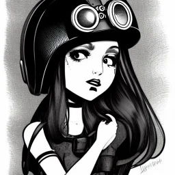 great illustrator, spanish, pencil sketch of a cute girl, beautiful, steampunk syle, black and white. Helmet with tubes.