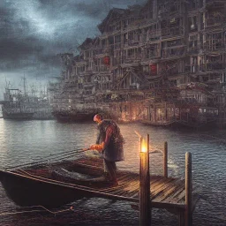 Insanely detailed photograph of an “artexture plans fisherman on a dock” with intricate detailed of natural lighting, intricate embroidered band of ceiling candles, hyperdetailed painting by Ismail Inceoglu Huang Guangjian and Dan Witz CGSociety ZBrush Central fantasy art album cover art,8K, hdr, romantic, mysterious, ominous, flowers, jewelry, steam,oil,cafe,street vendor,steamship,D&D