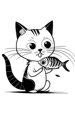 cartoon cat eating a fish. simple thin crisp lines. kids. black and white