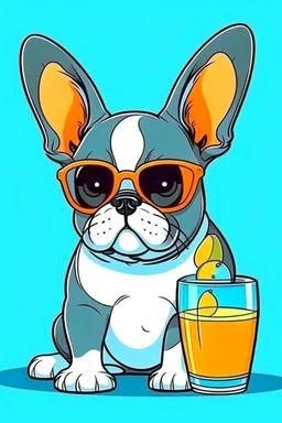 french bulldog in sunglasses drink cocktail cartoon