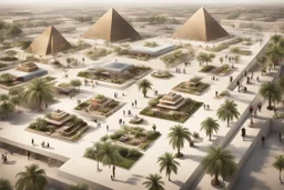 A plan for a tourist walkway with the pyramids, including modern seating areas with planters, sweet cars, and tourist bazaars.