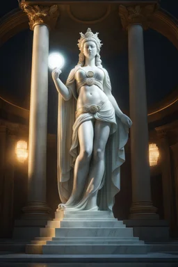 highly detailed marble and jade statue on a plint of the roman goddess of the sun. sun halo around head. face of a model. beautiful legs. beautiful feet. big bosom. full body shot, volumetric fog, Hyperrealism, breathtaking, ultra realistic, unreal engine, ultra detailed, cyber background, Hyperrealism, cinematic lighting, highly detailed, breathtaking, stunning temple environment