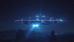 Ethereal holographic self iluminated hyper futuristic flat mothership over Es Vedra in a starry night