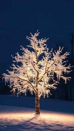 The ice tree shimmers in the light of the lights , a white rose