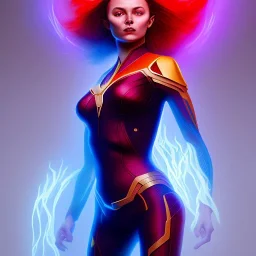 Dark Phoenix, X-Men , Jean Gray. hyperfantastic,hyperscifi,unreal engine.best colours,deep purple . fire theme .blue neon smoke.cinamatic,full cinematic lights.beautiful body details,beautiful face details,8k,