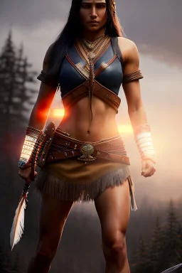 Native American female warrior,athletic build, ominous, dnd character portrait, waist up portrait, intricate, oil on canvas, masterpiece, expert, insanely detailed, 4k resolution, retroanime style, cute big circular reflective eyes, cinematic smooth, intricate detail , soft smooth lighting, vibrant colors, hokusai style arm sleeve tatoo