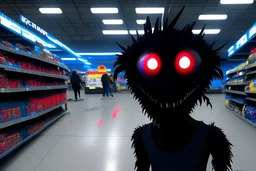 a strange completely black creature with 1 red eye raging at fortnite inside a walmart