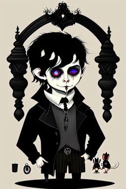 black haired black eyed young man necromancer goth hobbit with gothic jewelry and pet black rat in the style of Charles Addams