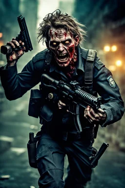 close-up ultra detailed and real looking image, 12k ultra high definition, sexy and cool looking zombie with human features, wild hair, he is a policeman, wearing a police uniform with bullet holes, epic action shot view of him storming towards camera with bazooka in hand, explosive and chaotic background, epic good looking zombie