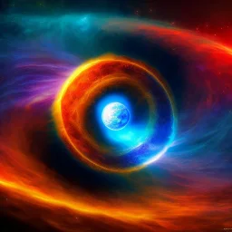 phsychedelic, swirling colors, red sun in center, blue moon, blackhole, stars, space