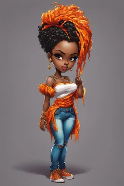 create a colorful abstract comic book art image 8k of a chibi curvy black female wearing torn jeans pants with fringe on the side and a orange-tie dye off the shoulder blouse. Prominent make up with hazel eyes. Highly detailed long Senegalese twist in a hair wrap