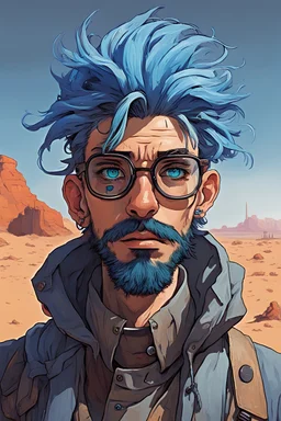 saturated manga paint of strange good man, 30 year old, blu eyes, prescription glasses, blue hair, gray beard, dressed as a cyberpunk explorer of the desert in the style of Elik Bilal. Around the man there is a strange kind of objects