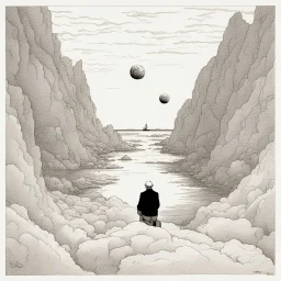 a alone man. pen and ink, birds eye view, illustrated by hergé, Background space and earth