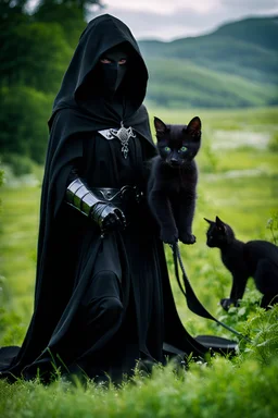 a full-length photograph of a [black-robed hooded Nazgul from the [Lord of the Rings] movies, articulated metal gauntlets] stands over a [small black kitten] which laps from a [small bowl of milk] on the ground, a [huge black warhorse, black saddle] in the background, depth of field, green meadow, mood ominous --style raw