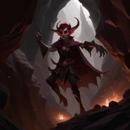 a young sorceress tiefling floating over a dark cavern