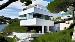 La Casa E-1027 de Eileen Gray articula una composición libre y funcional de volúmenes blancos ligeros, adaptados al terreno costero, donde la geometría moderna se combina con una sensibilidad doméstica y marina.