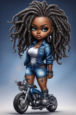 create an airbrush illustration of a chibi cartoon voluptuous black female wearing a blue jean outfit with biker boots. Prominent make up with hazel eyes. Extremely highly detail of a twisted dreadlocks. Background of a bike show.