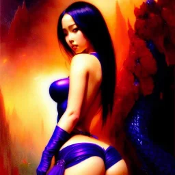 Drawing of beautiful face,'beautiful booty,Busty Psylocke',intense stare, ancient skintight armor, balanciaga fashion clothe painting by gaston bussiere, greg rutkowski, yoji shinkawa, yoshitaka amano, tsutomu nihei, donato giancola, tim hildebrandt, Oil on canvas, cinematic composition, extreme detail,fit full head inside picture,16k