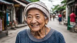 53yo,face,smiling,sweater,granny,standing in thailand on a street, photorealistic photo,highly detailed 8k photo,hyperrealism, Fujifilm X-T3,1/1250sec at f/2.8,ISO 160,84mm,RAW photo,Uplight,wide shot,ideal face template,film grain,distance from camera,RAW Photo, DSLR,