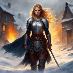 [art by August Malmström] in the heart of the village, shield in hand and sword at the ready, Astrid stood tall. Her hair, the color of flames, whipped around her face in the icy wind, adding to her fierce appearance. The sound of war cries and clashing of weapons filled the air as the enemy approached. Astrid's eyes blazed with determination as she prepared to defend her people.She was not just a shieldmaiden; she was the shieldmaiden. Known throughout the land for her unmatched skill in battle