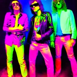 the coolest rock n roll band ever, bright colors, neon lights, party with me