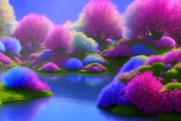 monde en fleurs, blue lake, flower tree-houses, concept art, crépuscule , fuksia bleu oranger, vibrant Color, réaliste, riviere bleu, tree-house bougainvillier, roses