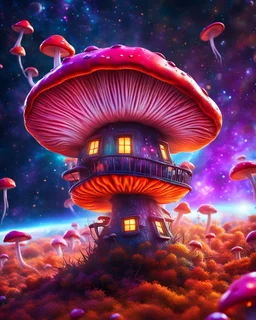 singular weird floating mushroom house in space. intense cosmic space, intergalactic. Detailed gloss Painting, bright random color, fantastical, intricate detail, splash screen, hyperdetailed, insane depth, concept art, 8k resolution, trending on Artstation, Unreal Engine 5, color depth, backlit, splash art, dramatic, High Quality Whimsical Fun Imaginative unusual, good composition