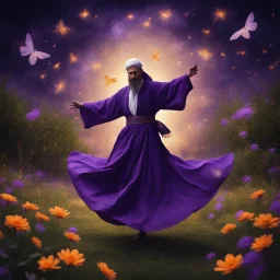 Hyper Realistic Sufi Whirling with Purple & Orange Islamic Sufi Rustic Grungy in a beautiful flower garden at dark night with fireflies & starts on sky