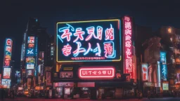 a billboard branded writing english Odk Tokusentai in neon light, in the city center, at night.