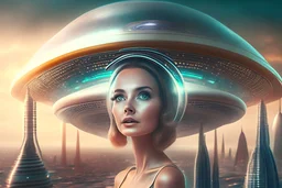 beautiful woman in flying saucer with clear dome top over future alien city