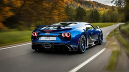 Bugatti mustang rear view fast on road