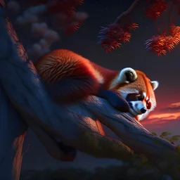 red panda sleeping on tree branch. evening sky from distance, anatomy detail. 4K image