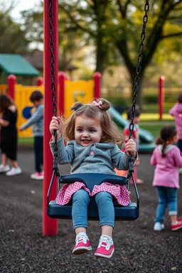 a 40 year old dad in the playground with his young 3 year old daughter playing on the swing but the dad is distracted by all the other kids curvy mums . there are many kids playing on the playground